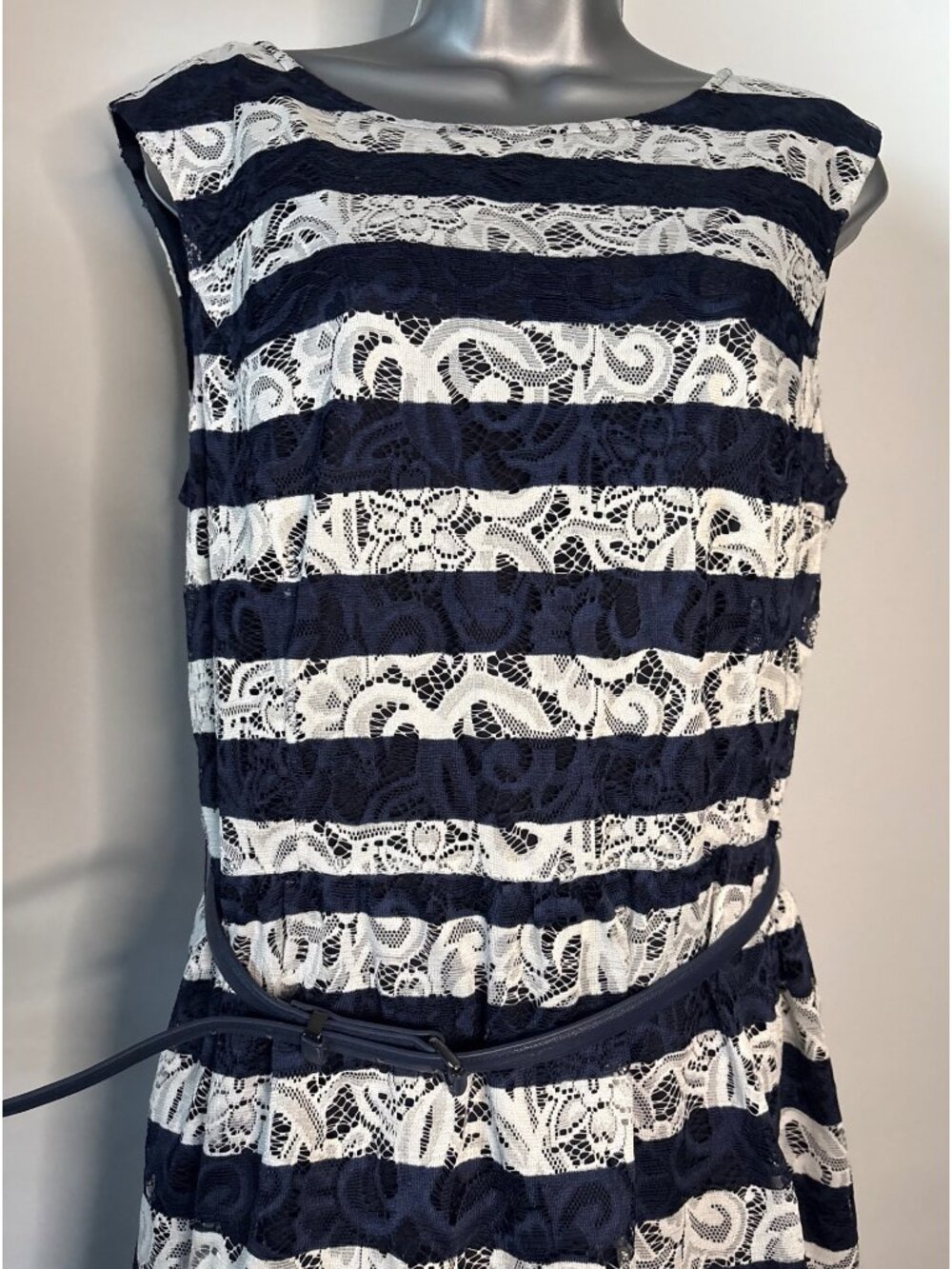 Alex Marie Sleeveless Women's Floral Lace Navy White Striped Nautical Dress (12) - Picture 5 of 15
